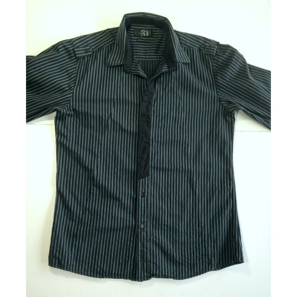 Men vtg New Wave Black & Gray Stripes Shirt Flip Cuffs Epaulettes MEDIUM -fitted